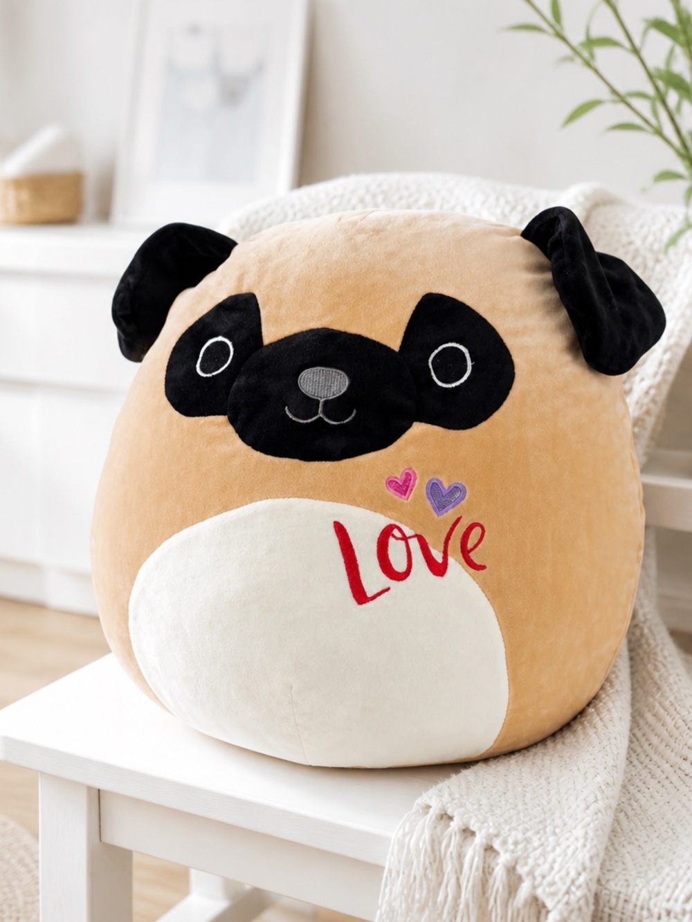 Kellytoy Plush Pam The Pug  Squishmallow - Tan, Black, White, Red, Purple 16”